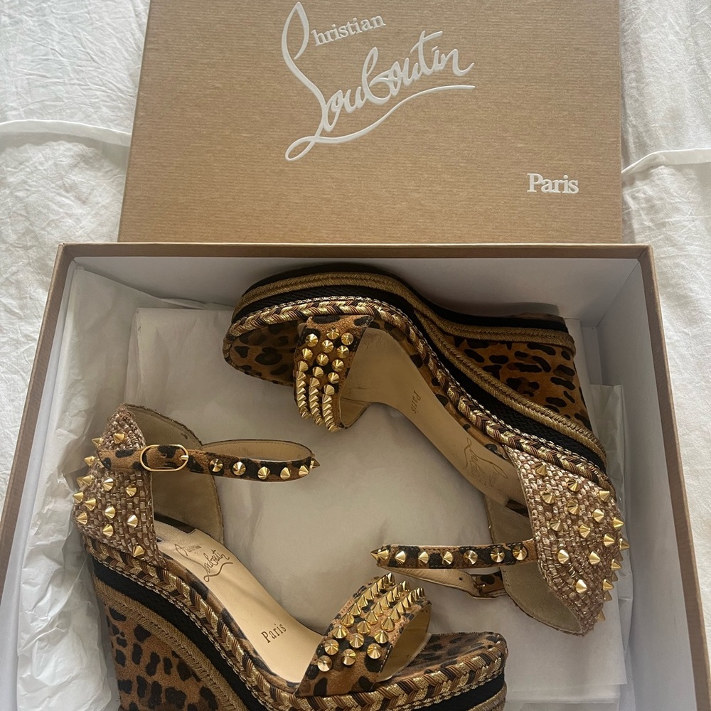 Christian Louboutin Brown and Gold Wedge Shoes